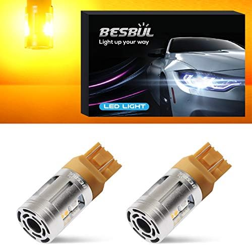 BESBUL 7440 7443 LED Bulb Amber with Turbo Fan, Canbus Ready Turn Signal Bulbs 12-40V T20 W21W Tail Reverse Backup Brake DRL Blinker Lights Amber Yellow, Pack of 2