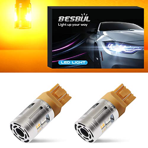 Besbul 7440 7443 LED Bulb Amber with Turbo Fan, Canbus Ready Turn Signal Bulbs 12-40V T20 W21W Tail Reverse Backup Brake DRL Blinker Lights Amber Yellow, Pack of 2