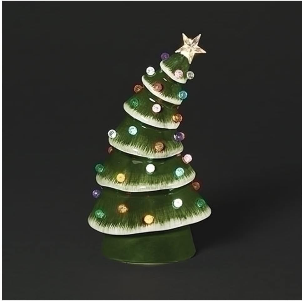 Roman Lighted Ceramic Bent Tree Christmas Bulb Figurine, 10-inch Height, Christmas Decoration