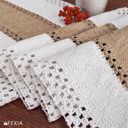 Image of FEXIA Boho Table Runner for Fall Home Decor 12x72 Burlap with Tassels | 72 Inches Long Farmhouse Kitchen Dining Room Macrame Burlap Coffee Table Decoration Dresser Runner Pottery Barn Furniture