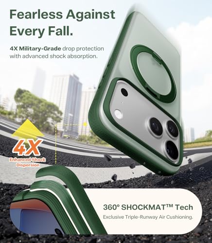 Image of TORRAS 360 Magnetic Stand for iPhone 17 Pro Case, Ostand 3.0[Fit for MagSafe][4X Mil-Grade Shockproof] Rotatable Kickstand Protective Cover, Camera Control Button, Translucent Pine Green, O3 Fitness