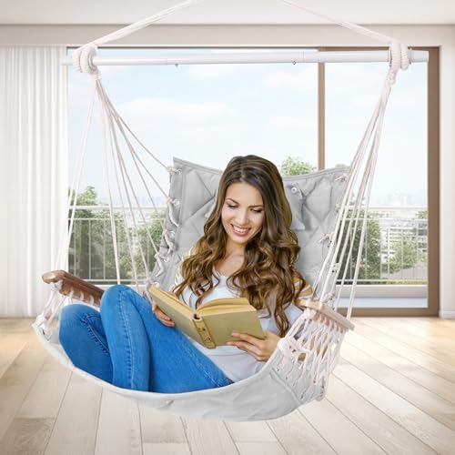 Image of Hammock Chair Hanging Swing with Wooden Armrest;Steel Spreader Bar,Pillows,Hardware kit Included;Cotton Woven Fabric;Up to 350 Lbs,for Indoor Light Grey