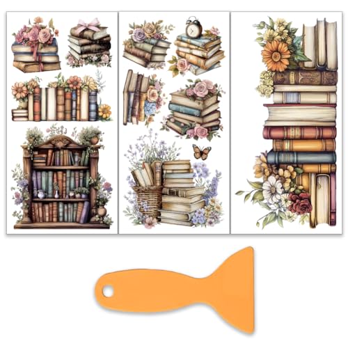 OLYCRAFT 3pcs/Set Book Rub on Transfers for Furniture and Crafts 6x12 Inch Flower Bookcase Furniture Decals Transfer Stickers Rub on Decal with 1pc Scraper for Wood Furnitures Home Decoration