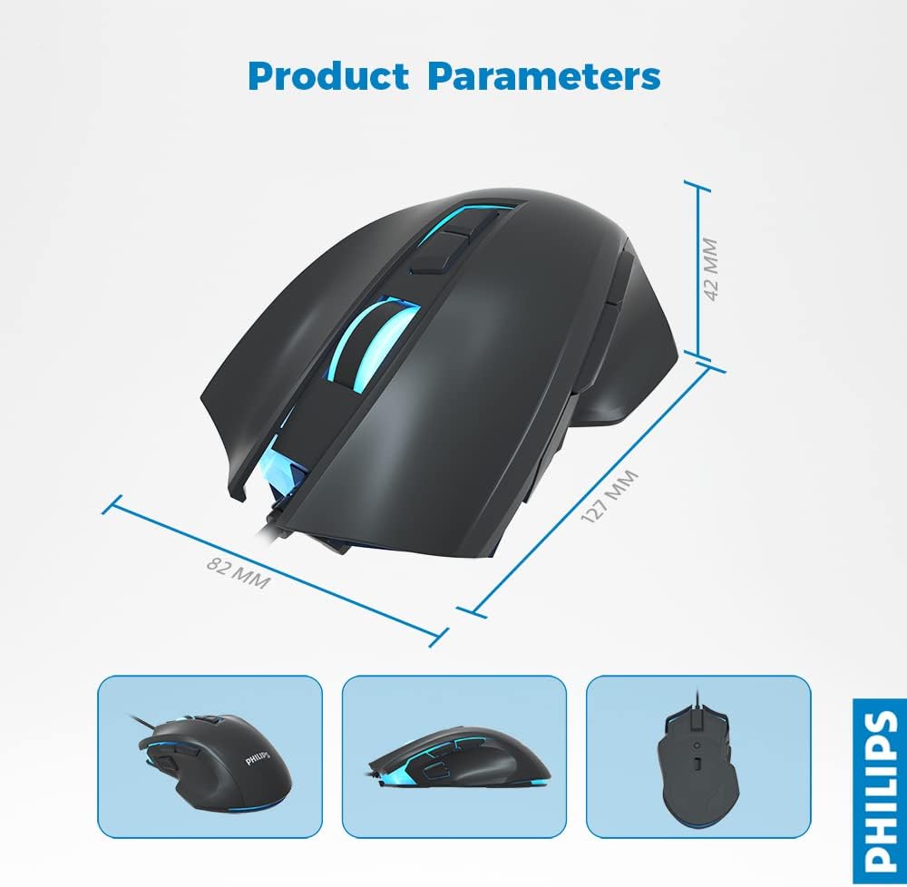 Diagram of PHILIPS USB Wired Gaming Mouse buttons and features