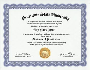 Prostitute Prostitution Degree Custom Gag Diploma Doctorate Certificate Funny Customized Joke Gift - Novelty Item