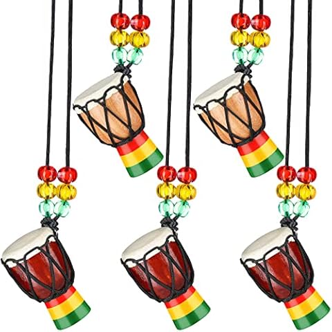 Sureio 5 Pcs Instrument Necklaces Djembe Drum Mini Pendant African Wooden Classic Hand Congo Drums Jewelry Necklace and Percussion for Teens Men Women Charms, Party Supply School Gift Student, Brown Cover