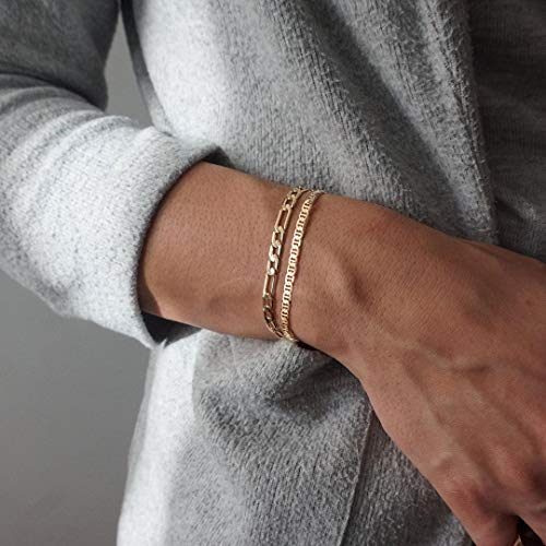 Dainty Layered Gold Chain Bracelet for Women 14K Gold Plated Handmade Adjustable Bracelet Satellite Beads Oval Mariner Figaro Link Chain Bracelets Minimalist Layering Stacking Jewelry Gift for Women2