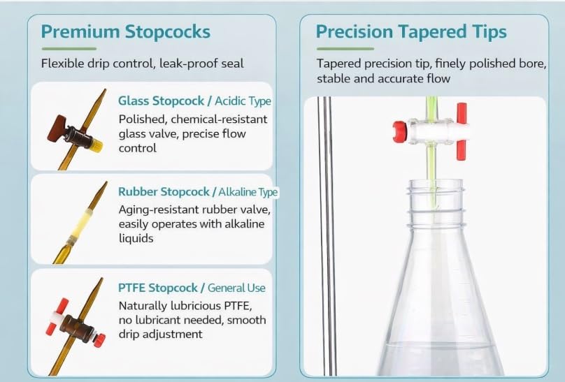 Klasse A Glasbürette mit PTFE-Hahn - Borosilikat 3.3 graduiert für Labortitration, säure- und laugenbeständig, 10ml 25ml 50ml 100ml(White PTFE alkaline/cidic 50ml)