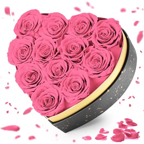 Mirgrmle Forever Flowers, 12 Piece Real Forever Roses in a Heart Shape Box, Eternal Rose Preserved Flowers for Delivery Prime, Gifts for Wife Women Mothers - Pink Roses