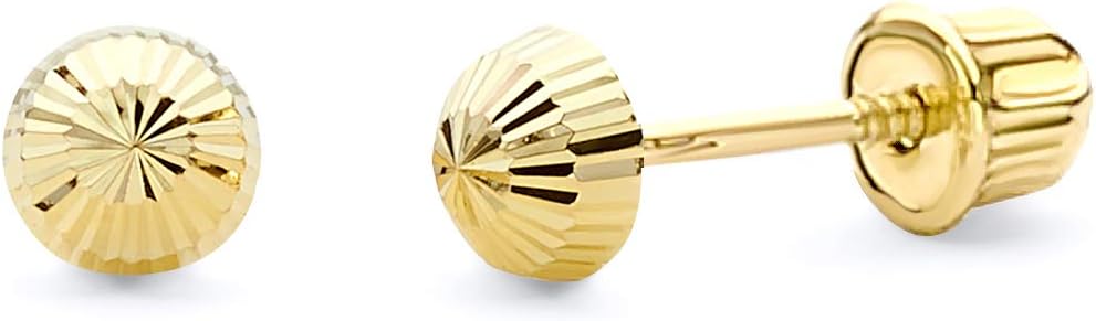 14k Yellow Gold Half Ball Diamond Cut Stud Earrings with Screw Back - 6 Different Size Available