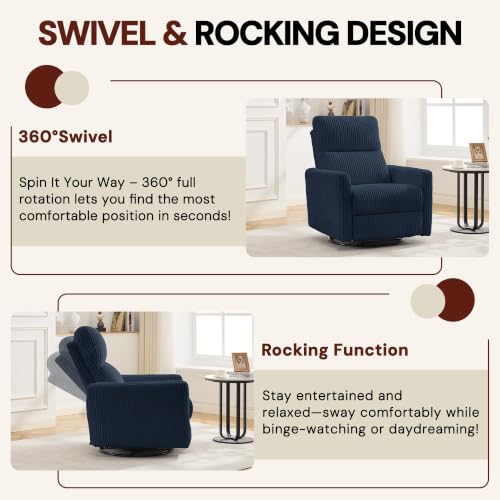 Image of Korser 360 Swivel Glider Rocker Manual Recliner, High Back Corduroy Recliner with Curved Armrests, Blue Nursery Rocking Reclining Chair for Living Room Bedroom Adults