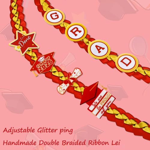 Image of Graduation Leis Class of 2026 Decorations, Handmade Double Braided Graduation Ribbon Leis with Glitter Pins for Him Her High School College Congrats Party Supplies (Red & Gold)