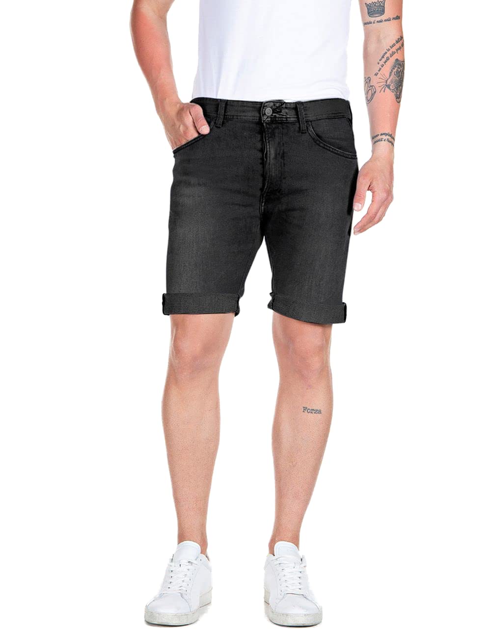 Replay Herren Jeans Shorts RBJ 901 Tapered-Fit mit Comfort Stretch, Dark Grey 097 (Grau), 28