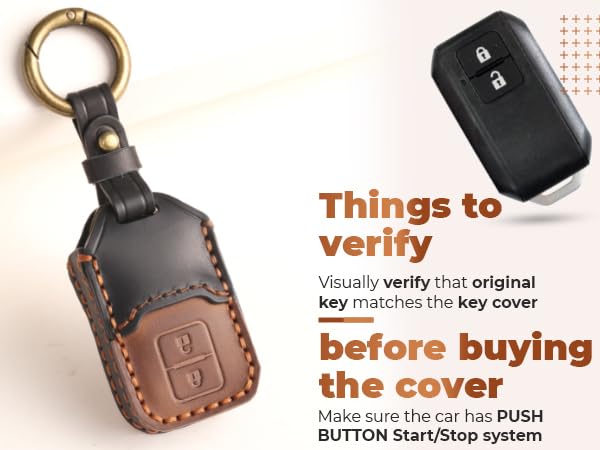 Image of keyzone dual leather key cover for Swift, DZire, Baleno, Ertiga, Grand Vitara, Brezza, Fronx, Jimny XL6, Ignis, Glanza, Urban Cruiser Hyryder, Rumion 2 button smart key