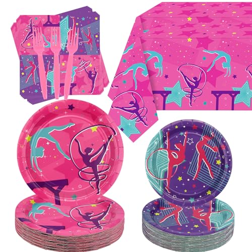 Gymnastics Birthday Party Decorations - Gymnastics Theme Party Supplies for Your Little Dance Gymnasts with Gymnastics Tablecloth, Plates, Napkins, Fork, Tableware, Serves 40