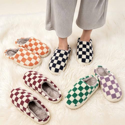 Image of Checkered Slippers for Women and Men - Fuzzy House Slippers with Memory Foam, Comfy Plush Fluffy Indoor House Shoes, Cozy Warm Slip on Bedroom Slippers with Non-Slip Sole