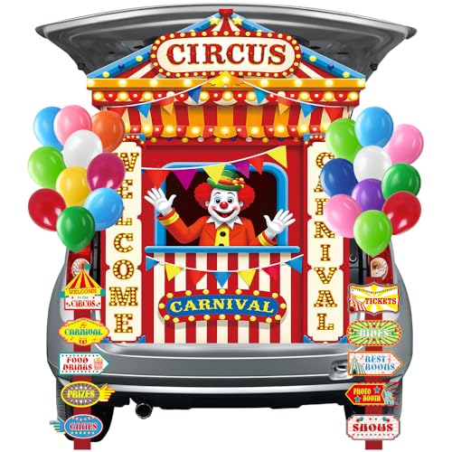 Yjunue Trunk Or Treat Car Decor Kit for SUV Circus Carnival Clown Design, Circus Carnival Party Direction Signs Decor and Balloon for Halloween Party Car Garage Door Yard Archway Outdoor Decor