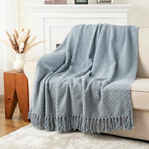 Image of Battilo Bluish Grey Throw Blanket with Tassels, Woven Knitted Throws for Sofa, Chunky Cable Knit Blanket Throw, Soft Warm Cozy Blue Grey Bed Blankets, 127x152cm