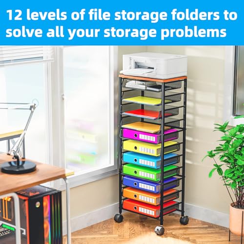 image for Simple Trending 12 Tier Rolling File Cart,Wood Desk File Organizer wit