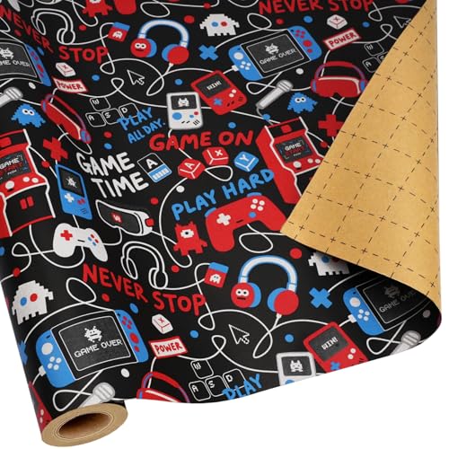 LaRibbons Gaming Wrapping Paper Roll Video Game Gift Wrap for Boys Teens & Gamers Black Gamer Birthday Wrapping Paper with Colorful Controller Arcade Design Kraft Paper 17 Inch x 33 Feet