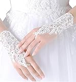 Lace Fingerless Rhinestone Beaded Bridal Gloves for Wedding Prom Party White