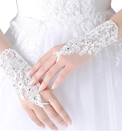 Lace Fingerless Rhinestone Beaded Bridal Gloves for Wedding Prom Party White