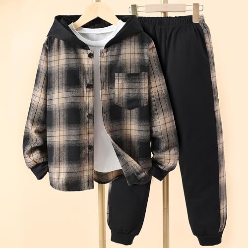 Image of Little Boys Two Pieces Outfit Kids Plaid Color Front Button Down Hoodie Sweatshirt and Jogger Sweatpants Sets