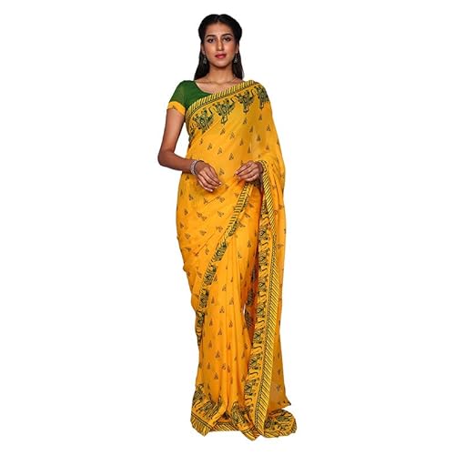 Yashika Women’s Georgette Yellow Color Saree Without Blouse Piece(PRATHANA 06) P