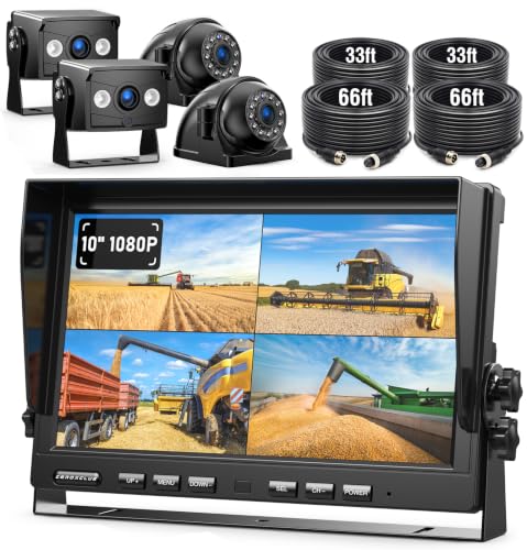Image of ZEROXCLUB 4 Wired Backup Camera System, 10 inch 1080P Monitor IP69K Waterproof Vibration-Proof 10G Rear Side View Camera, Quad Split Screen for Tractor, Truck, Trailer, Combine, Heavy Equipment, BH104
