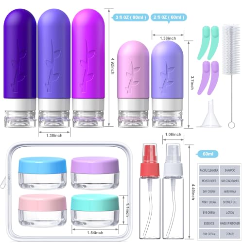 Image of Aeomini 19 Pack Purple Travel Bottles for Toiletries, Silicone TSA Approved Travel Size Containers, Leak Proof Refillable Accessories for Shampoo Conditioner Lotion