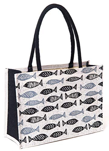 Image of H&B Unisex-Adult Jute Shopping Bag - Printed Shoulder Tote | Big Size Grocery Bag | Eco Friendly & Cute Collection (Fish-White)