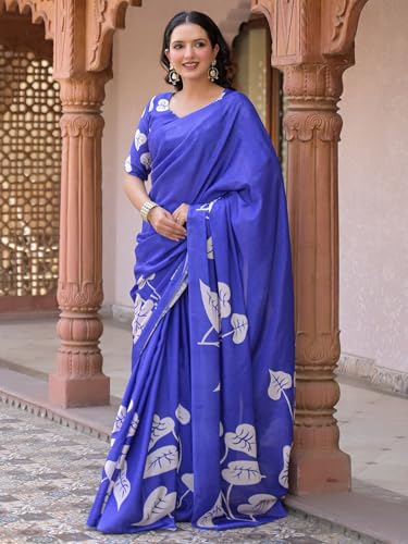 Image of Satrani Women's Chinnon Chiffon Printed Saree with Unstitched Blouse Piece