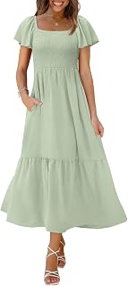 Summer Dresses for Women Square Neck Ruffle Sleeve Smocked Maxi Dress with Pockets