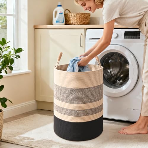 Image of Large Laundry Basket, Laundry Hamper with Leather Handles, 75L Woven Dirty Clothes Hamper, Rope Hampers for Bedroom, Barthroom, Brown Black