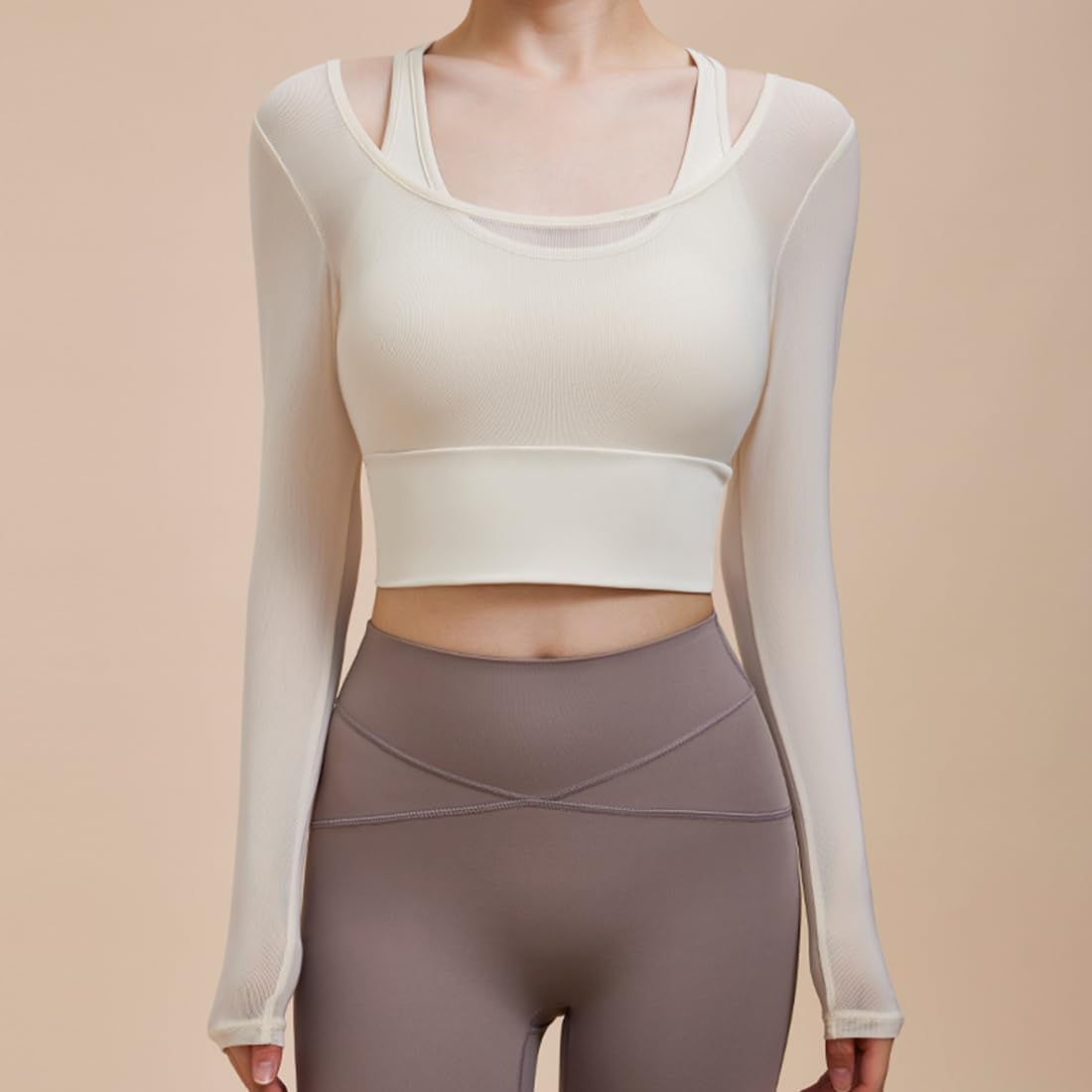 Harssidanzar Women's 2 in 1 Yoga Long Sleeve Mesh Gym Athletic Tops Workout Shirts with Medium Support Sports Bra CL301US - Image 3