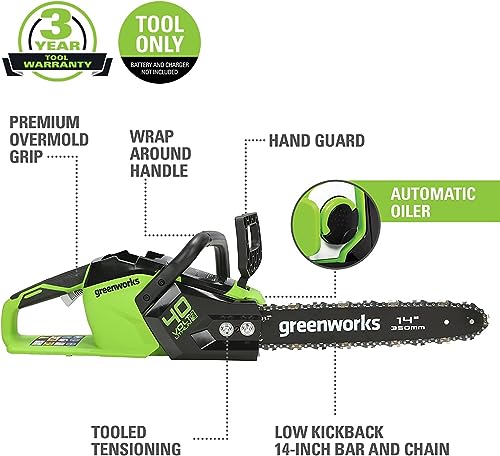 Greenworks 40V 14" Brushless Chainsaw, 2.0Ah Battery and Charger Included