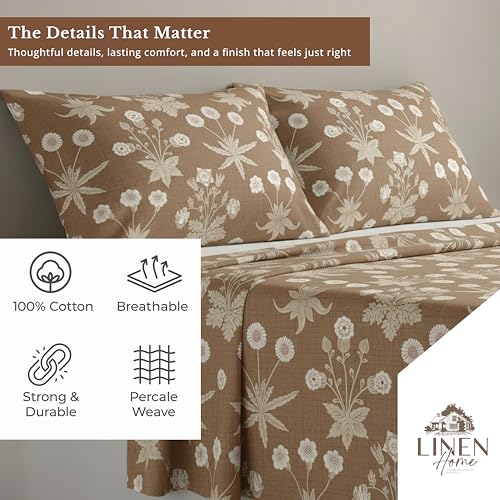 Image of Linen Home Cotton Percale Flat Bedsheet Set Single Size Floral Light Brown