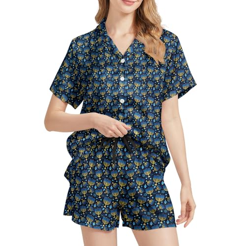 Image of Funny Satin Pajamas Set for Women Button Down Sleepwear Print Pjs Set 2 Piece Short Sleeve Loungewear Gift for Women