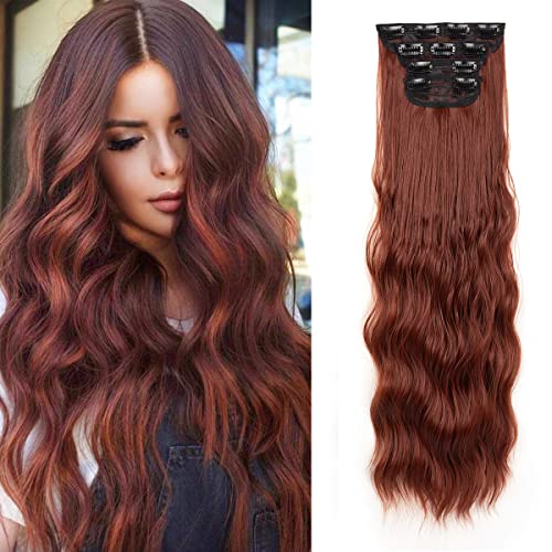 Behotress Clip In Hair Extensions Dark Copper Red Long Wavy Synthetic Hair Extensions 24Inch For Women Clip On Extensions 4Pcs Set Curly Wave Hair Extensions Thick Hairpieces Fiber (24 Inch, 350#) #TOP5