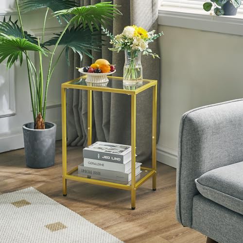 YMYNY Gold Side Table - 2 Tier Sofa End Table with Tempered Glass - Ideal for Living Room, Bedroom & Home Office - Industrial Style 38x28x56CM HGD002G - Image 2