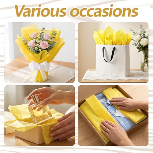 Image of Bobobag 100 Sheets Yellow Tissue Paper 20 inchX14 inch Tissue Paper for Gift Bags, Gift Wrapping Tissue, Christmas Tissue Paper Anniversary Holiday Decoration Arts Craft