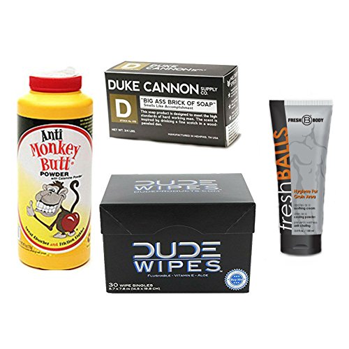 Ultimate Man's BUNDLE: Duke Cannon"Accomplishment", Fresh Balls 3.4oz, Dude Wipes and Anti-Monkey Butt Powder
