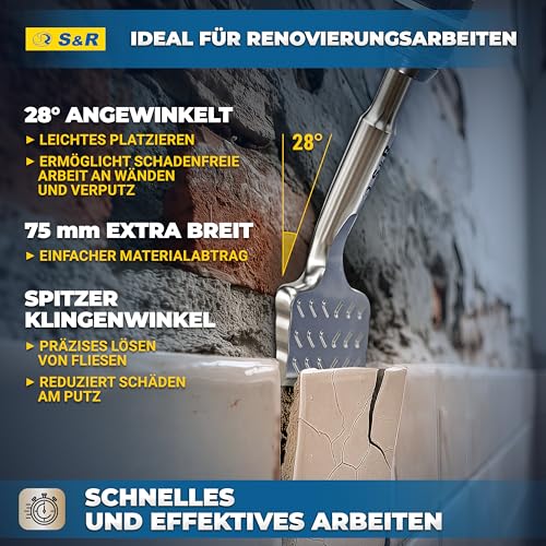 S&R Hochleistungs - Fliesenmeißel, SDS plus Meißel 165 mm x 75 mm abgewinkelt, SDS Meißel in Industrie-Qualität Made in Germany, Flachmeißel zum Fliesen und Fliesenkleber entfernen, gehärtet, breit
