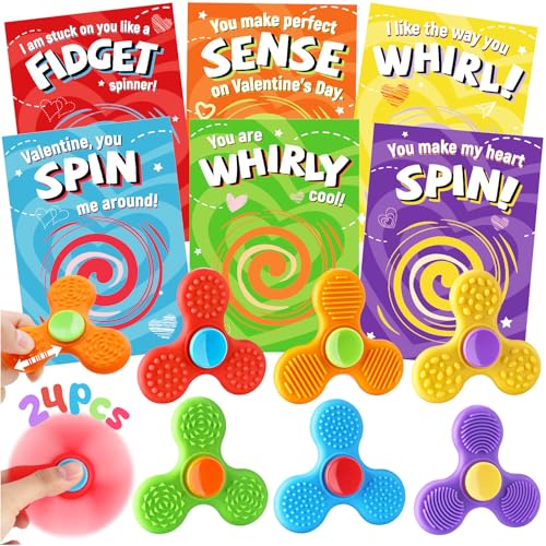 24 PCs Valentines Day Cards with Fidget Spinner for Kids Classroom, Textured Sensory Fidget Toys with Valentine Cards, Kids School Classroom Exchange Prizes Gifts Rewards Stress Relief Party Favors