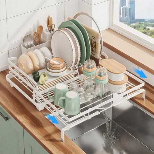Image of DEVA Dish Drying Rack, Stretchable Large Dish Drainer Rack, Stainless Steel Kitchen Drying Rack with Utensil Rack and Drainer Plate, White