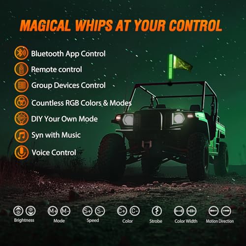 Image of Nilight LED Fat Whip Light 1PC 2FT RGB Lighted Antenna Whips with Remote & App Control DIY Chasing Patterns Brake Reverse Lights for ATV UTV Polaris RZR Can-am Dune Buggy Pickup Trucks Jeep