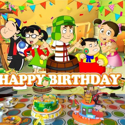 Image of OUDINI El Chavo Del Ocho Birthday Party Backdrop, 5x3ft, Purple, Cartoon, Includes 18 Party Balloons