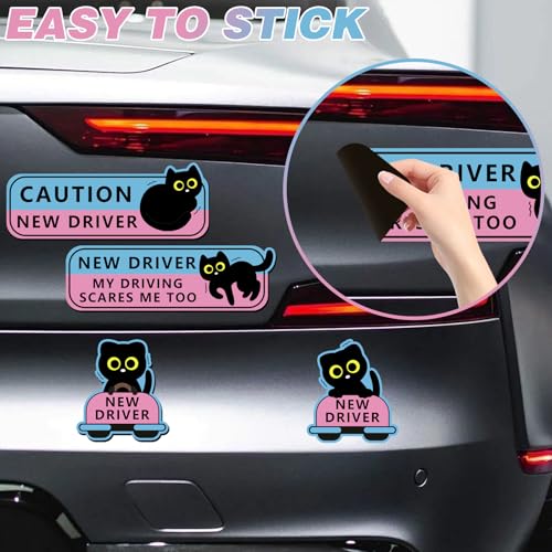 Image of 4Pcs Black Cat New Driver Car Magnet Sticker Safety Sign, Cute Shivering Cat Student Driver Sign for Car Bumper, Funny Cartoon Nervous Caution Reusable Supplies
