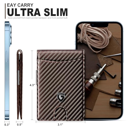 GSOIAX Slim Wallet for Men with Money Clip, Minimalist Leather RFID Blocking Bifold Small Thin Front Pocket Carbon Fiber Men's Wallet,11 Credit Card Slots Holder with Gift Box (Carbon Coffee)3