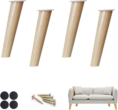 MOZ4dxy 4X Massivholz-Sofafüße, abgewinkelte, konische Couchtischfüße, Ersatzmöbelfüße, Bettfüße, Rohholzfarbe, mit Montageplatte und Schrauben rutschfest(30.8cm)